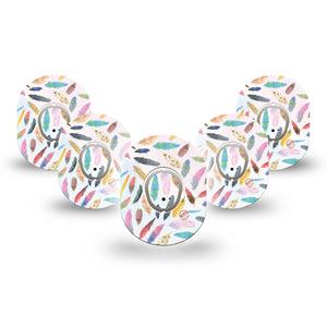 ExpressionMed Feathers Dexcom G7 Mini Tape, Dexcom Stelo Glucose Biosensor System, 5-Pack Tape and 5-Pack Sticker, Pastel Colored Feathers, Patch Continuous Glucose Monitor Design