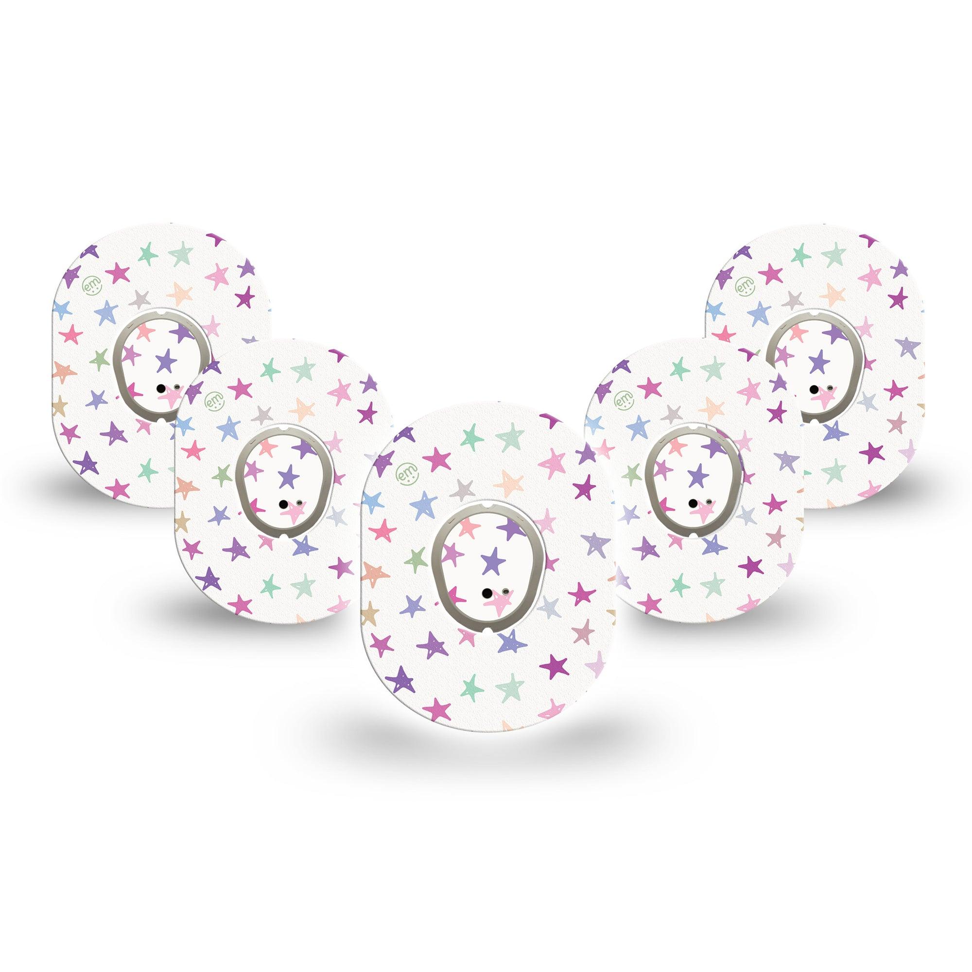 ExpressionMed Bright Stars Dexcom G7 Mini Tape, Dexcom Stelo Glucose Biosensor System, 5-Pack Tape and 5-Pack Sticker, Pastel Colored Stars, Patch Continuous Glucose Monitor Design