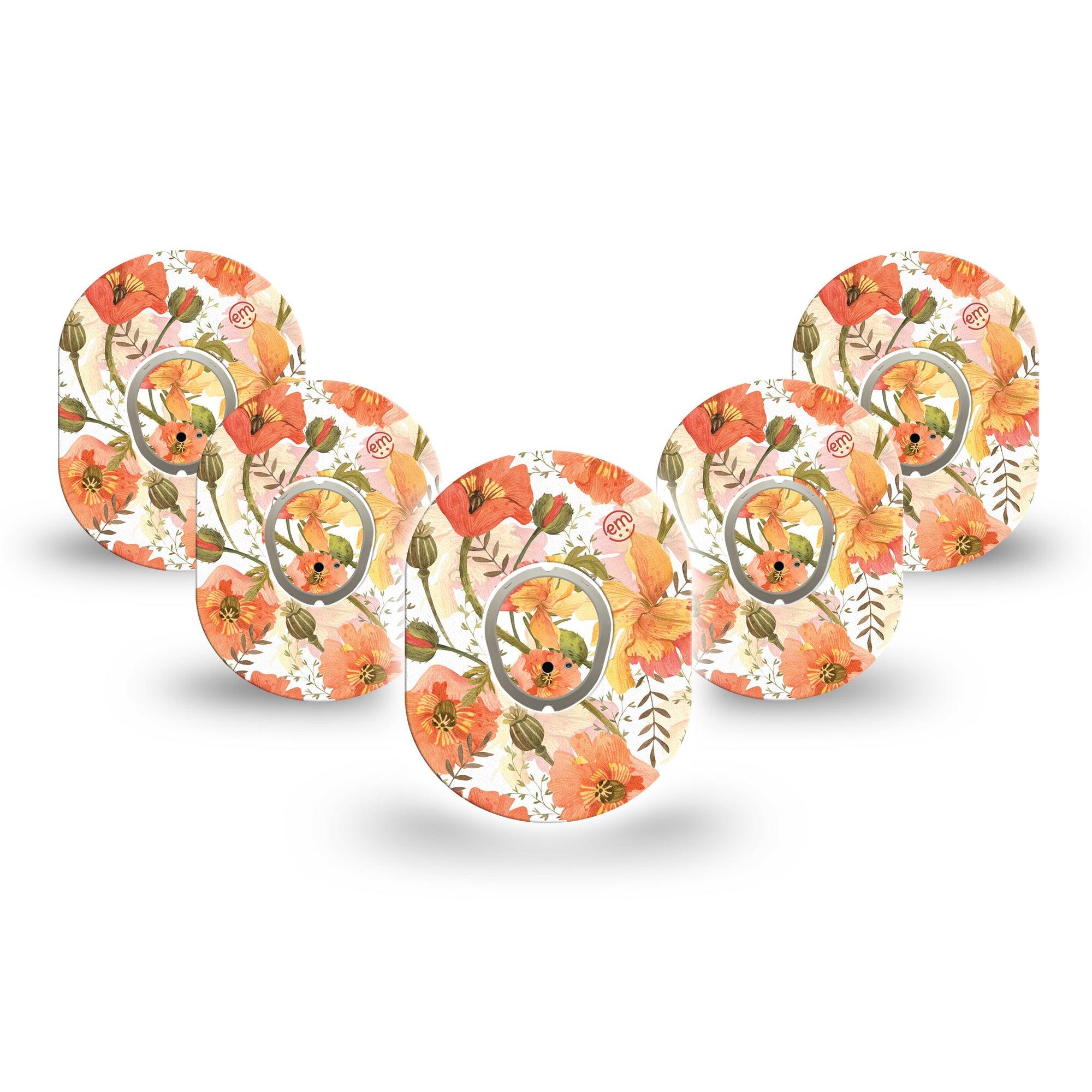 ExpressionMed Peachy Blooms Dexcom G7 Mini Tape, Dexcom Stelo Glucose Biosensor System, 5-Pack Tape and 5-Pack Sticker, Tropical Flowers, Patch Continuous Glucose Monitor Design