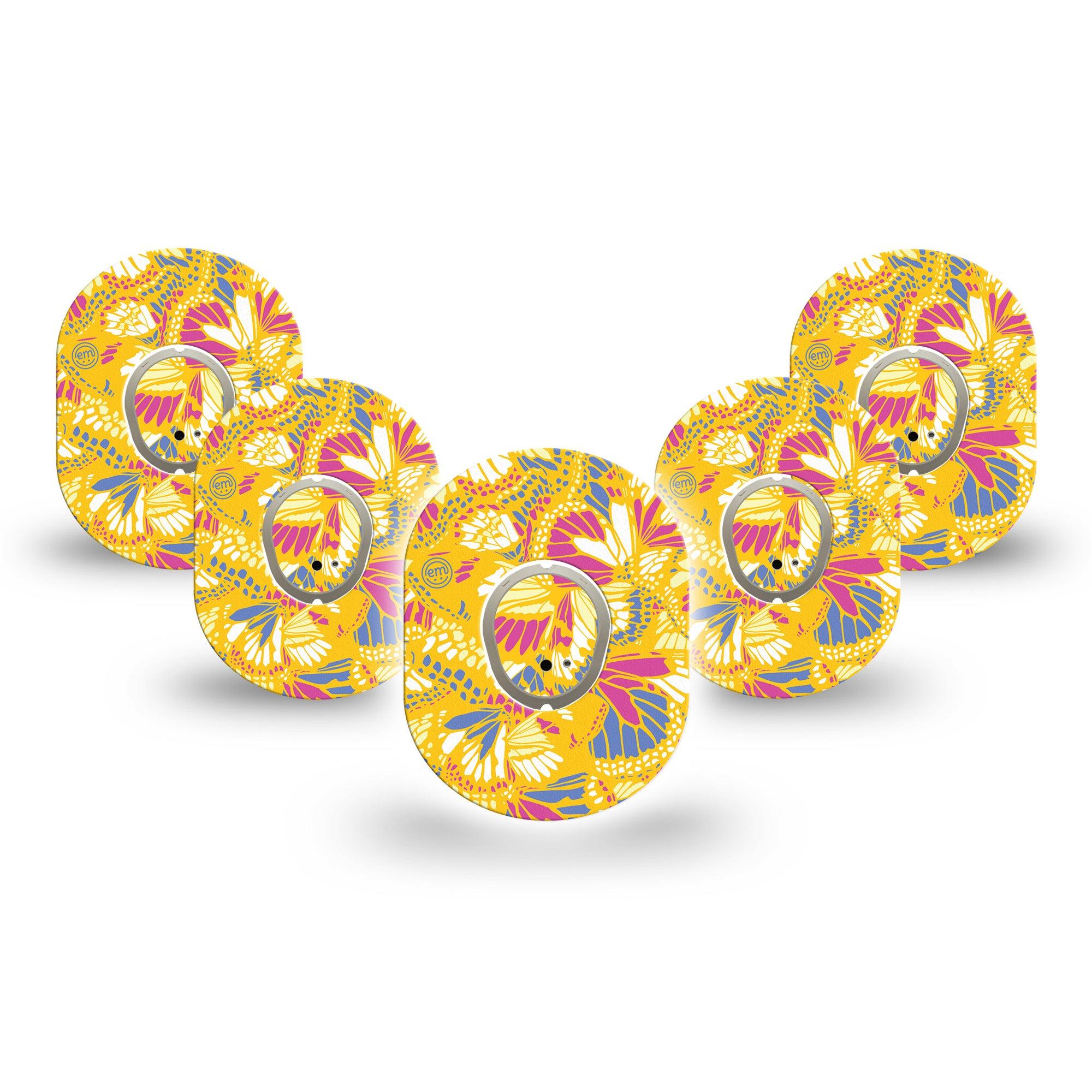 ExpressionMed Yellow Butterfly Wings Dexcom G7 Mini Tape, Dexcom Stelo Glucose Biosensor System, 5-Pack Tape and 5-Pack Sticker Golden Insect Wings, Patch Continuous Glucose Monitor Design