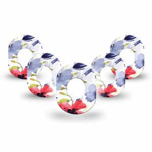 ExpressionMed Red White & Blue Flowers Dexcom G7 Mini Tape, Dexcom Stelo Glucose Biosensor System, 5-Pack Tape, Floral Color Sketch, CGM Fixing Ring Patch Design, Dexcom Stelo Glucose Biosensor System