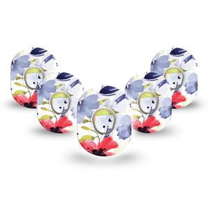 ExpressionMed Red White & Blue Flowers Dexcom G7 Mini Tape, Dexcom Stelo Glucose Biosensor System, 5-Pack Tape and 5-Pack Sticker, Floral Color Sketch, Patch Continuous Glucose Monitor Design