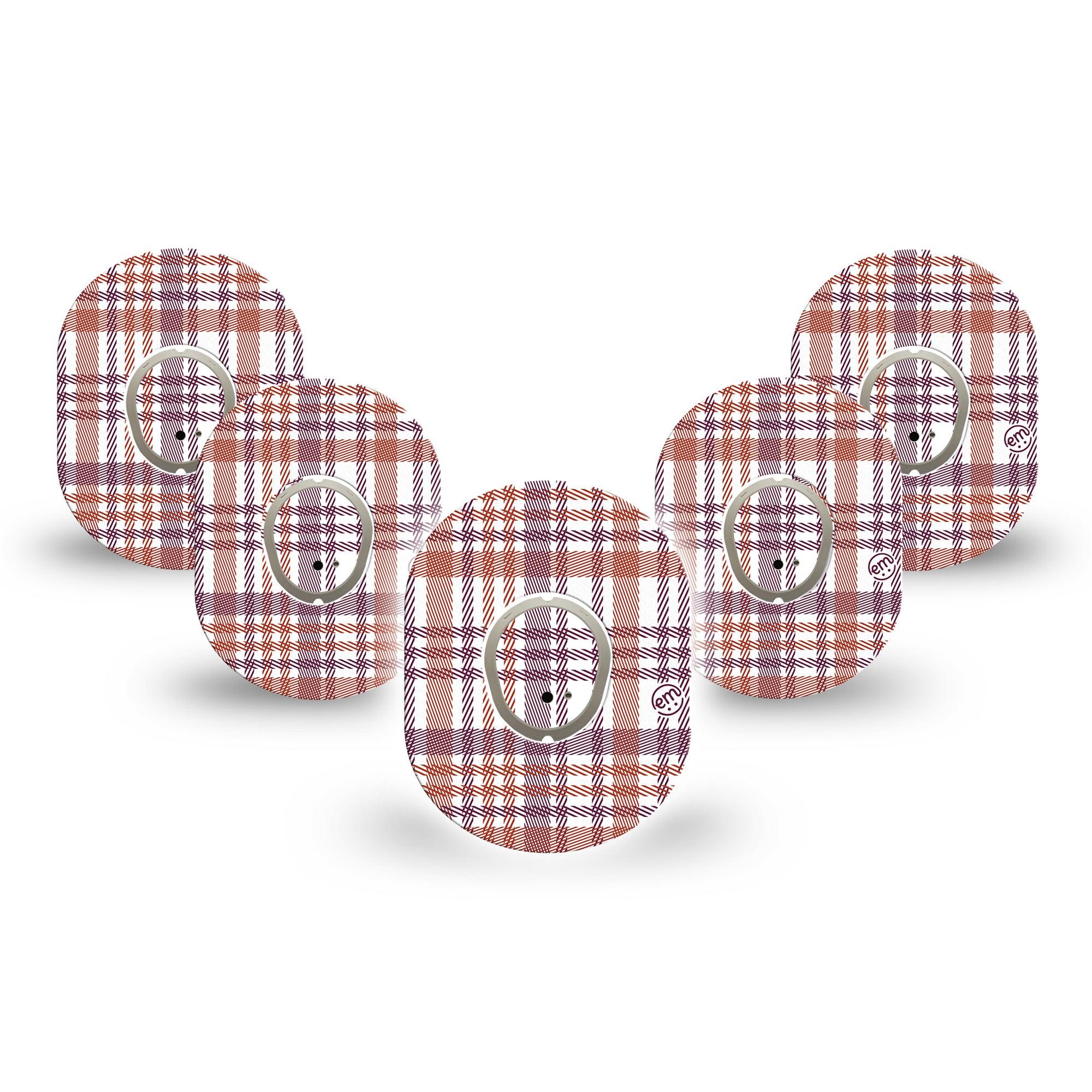 ExpressionMed Auburn Plaid Dexcom G7 Mini Tape, Dexcom Stelo Glucose Biosensor System, 5-Pack Tape and 5-Pack Sticker, Sewed Tartan Plaid, Patch Continuous Glucose Monitor Design