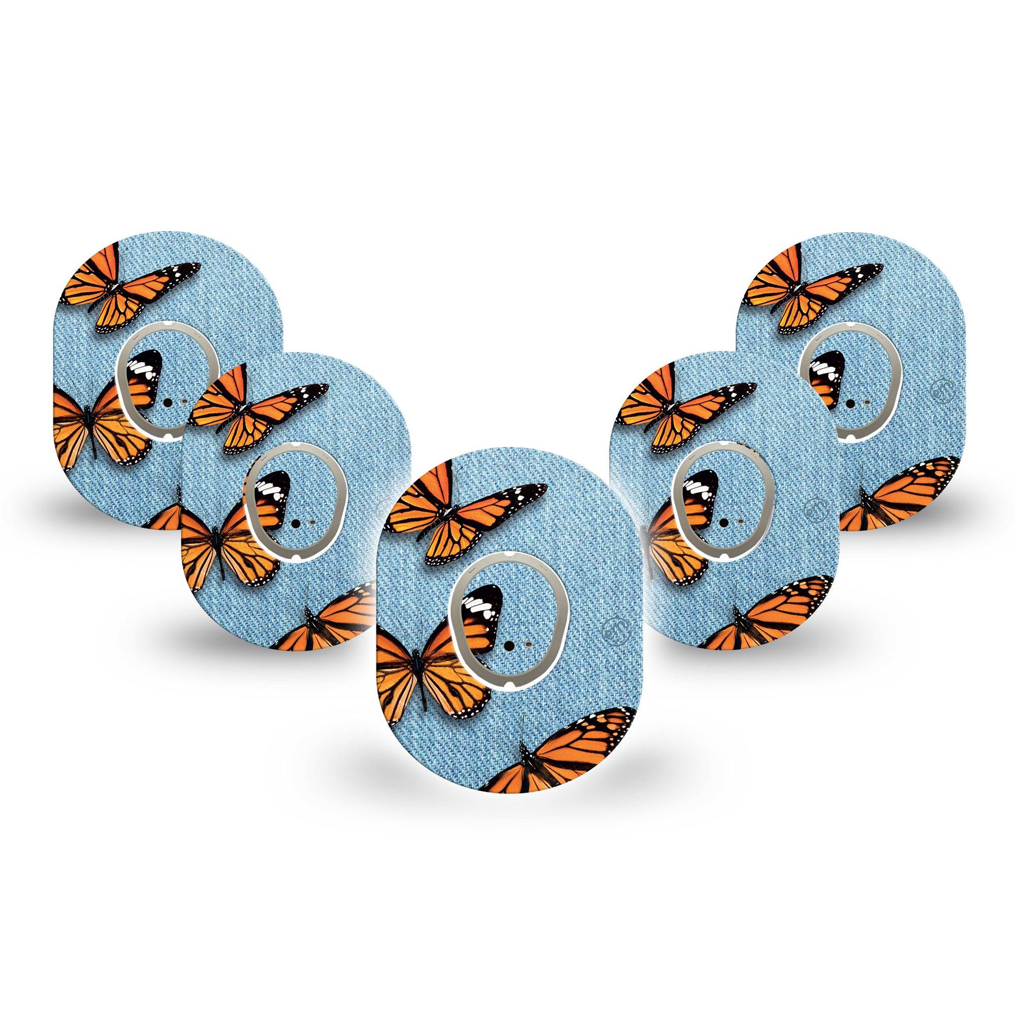 ExpressionMed Denim & Monarchs Dexcom G7 Mini Tape, Dexcom Stelo Glucose Biosensor System, 5-Pack Tape and 5-Pack Sticker, Butterfly and Jeans Backdrop, Patch Continuous Glucose Monitor Design
