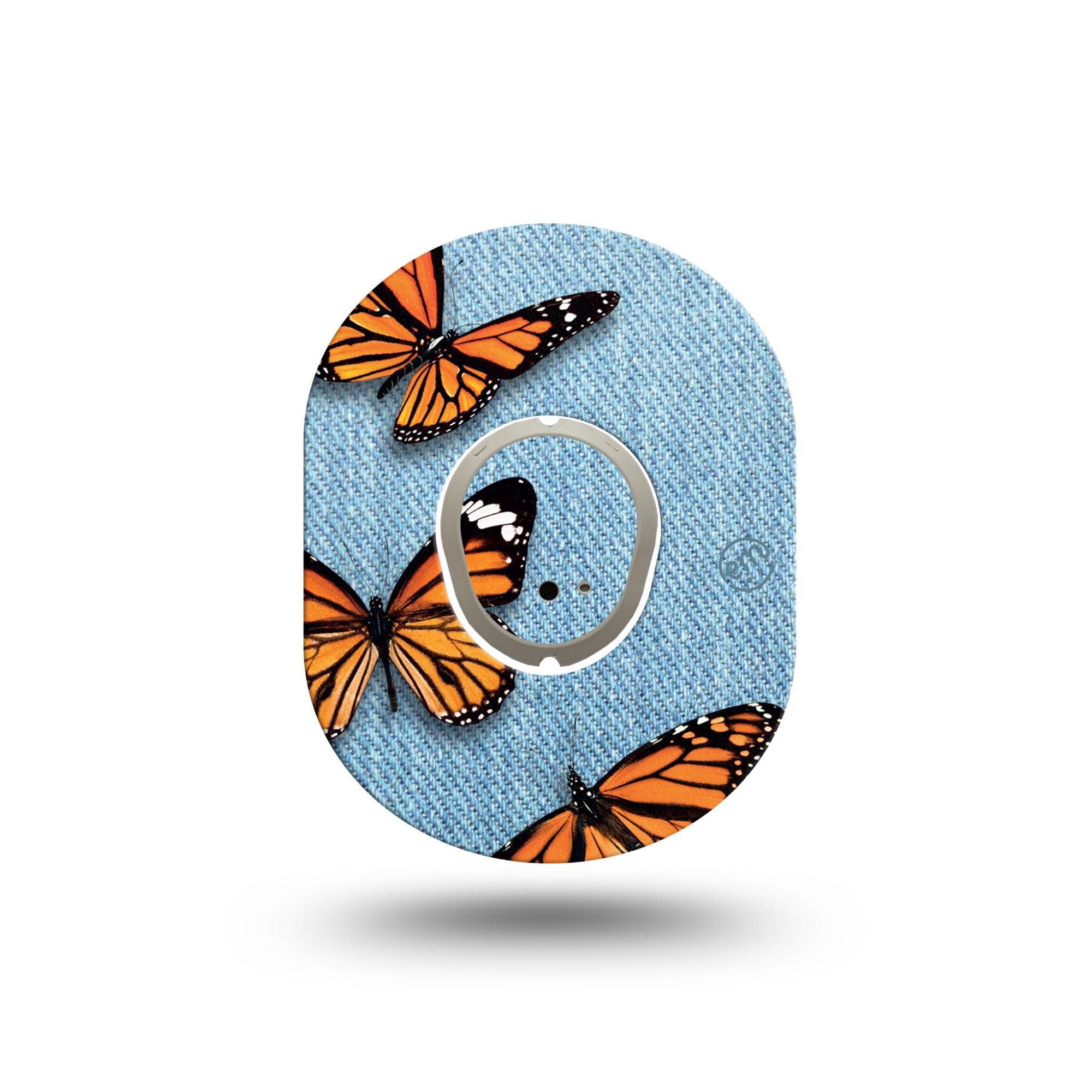 ExpressionMed Denim & Monarchs Dexcom G7 Mini Tape, Dexcom Stelo Glucose Biosensor System, Single Tape and Single Sticker, Butterflies and Jeans, Patch Continuous Glucose Monitor Design