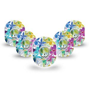 ExpressionMed Watercolor Floral Dexcom G7 Mini Tape, Dexcom Stelo Glucose Biosensor System, 5-Pack Tape and 5-Pack Sticker, Painted Florals, Patch Continuous Glucose Monitor Design