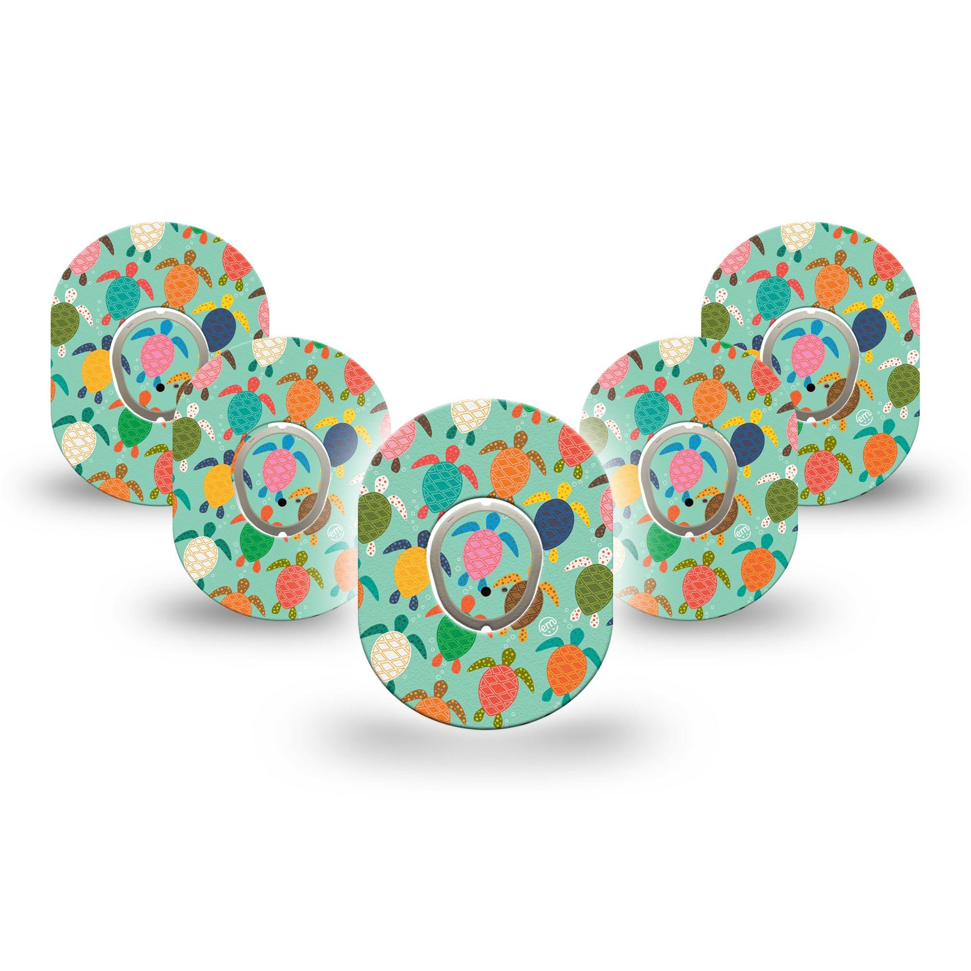 ExpressionMed Sea Turtles Dexcom G7 Mini Tape, Dexcom Stelo Glucose Biosensor System, 5-Pack Tape and 5-Pack Sticker, Group of Colorful Turtles, Patch Continuous Glucose Monitor Design