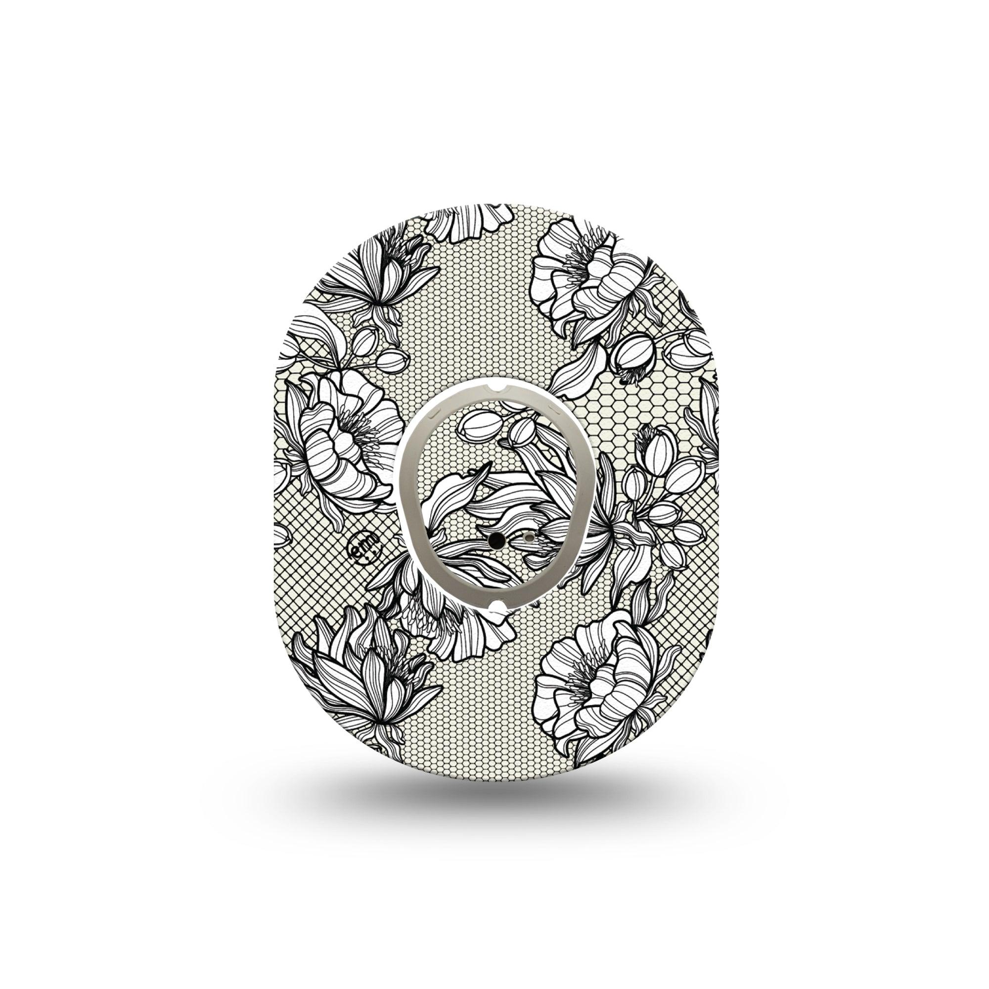 ExpressionMed Black Lace Dexcom G7 Mini Tape, Dexcom Stelo Glucose Biosensor System, Single Tape and Single Sticker, Colorful Black Floweret Art, Patch Continuous Glucose Monitor Design