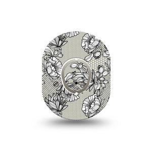 ExpressionMed Black Lace Dexcom G7 Mini Tape, Dexcom Stelo Glucose Biosensor System, Single Tape and Single Sticker, Colorful Black Floweret Art, Patch Continuous Glucose Monitor Design