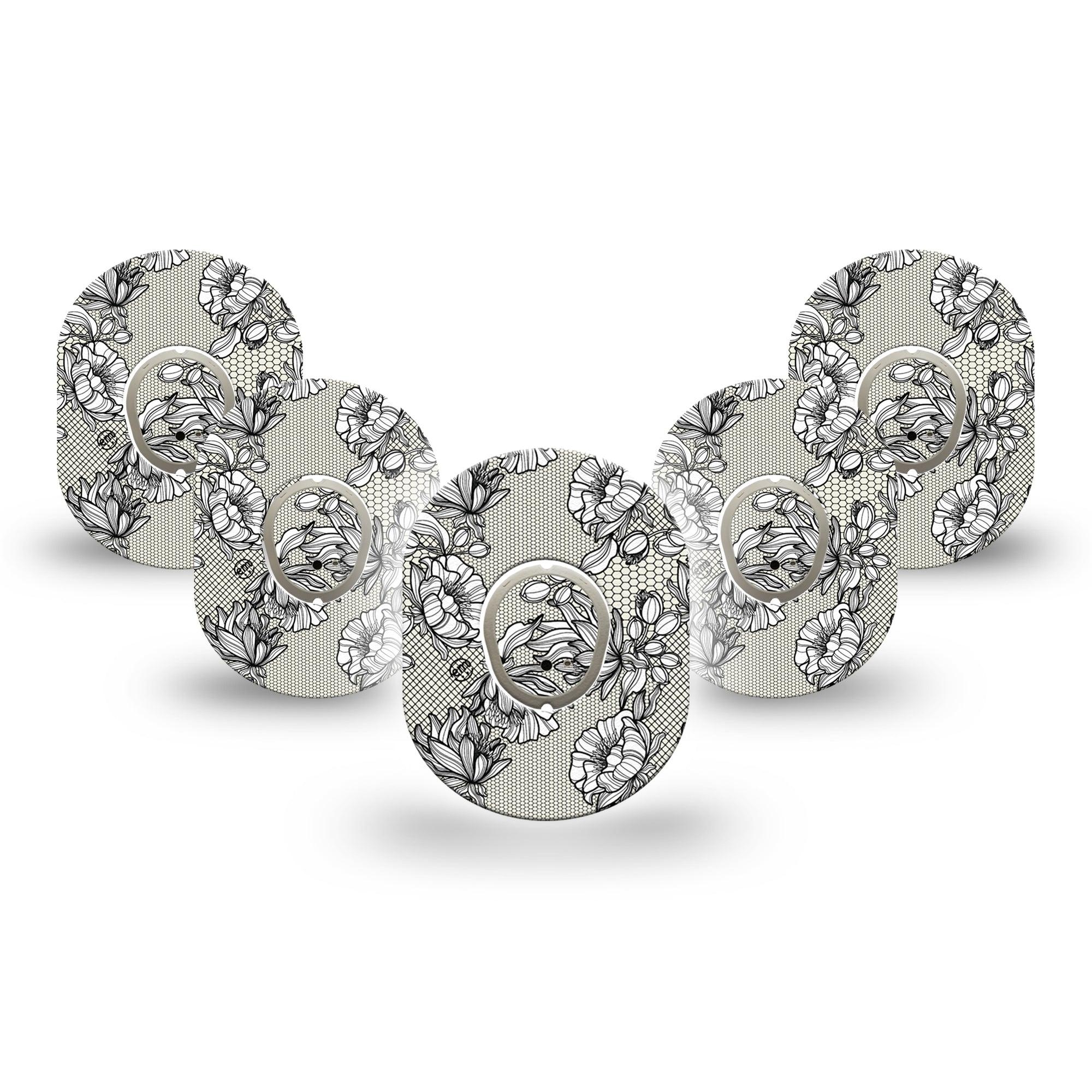 ExpressionMed Black Lace Dexcom G7 Mini Tape, Dexcom Stelo Glucose Biosensor System, 5-Pack Tape and 5-Pack Sticker, Floral Line Art, Patch Continuous Glucose Monitor Design