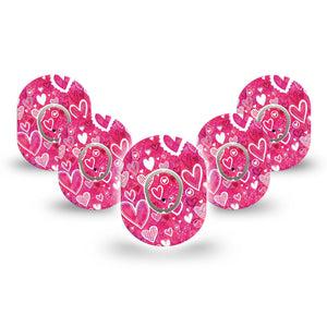 ExpressionMed Whimsical Hearts Dexcom G7 Mini Tape, Dexcom Stelo Glucose Biosensor System, 5-Pack Tape and 5-Pack Sticker, Doodle Heart Art, Patch Continuous Glucose Monitor Design