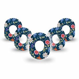 ExpressionMed Floral Folklore Dexcom G7 Mini Tape, Dexcom Stelo Glucose Biosensor System, 5-Pack Tape, Bright White and Red Flowers on a Blue Background, Dexcom Stelo Glucose Biosensor System