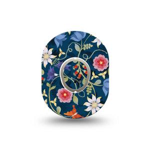 ExpressionMed Floral Folklore Dexcom G7 Mini Tape, Dexcom Stelo Glucose Biosensor System, Single Tape and Single Sticker, Woodsy Floral Design with Blue Background, Patch Continuous Glucose Monitor Design