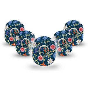 ExpressionMed Floral Folklore Dexcom G7 Mini Tape, Dexcom Stelo Glucose Biosensor System, 5-Pack Tape and 5-Pack Sticker, Bright White and Red Flowers on a Blue Background, Patch Continuous Glucose Monitor Design