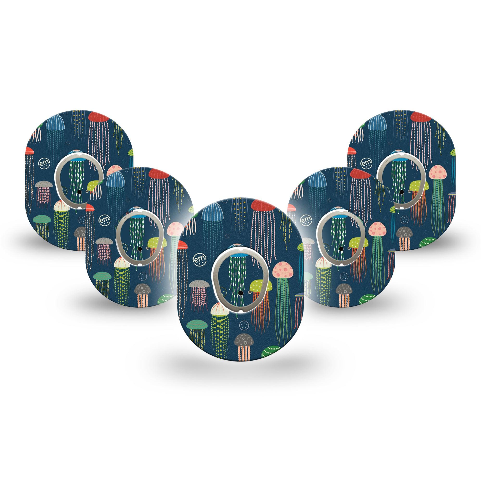 ExpressionMed Just Jellies Dexcom G7 Mini Tape, Dexcom Stelo Glucose Biosensor System, 5-Pack Tape and 5-Pack Sticker, Blue Background Tape with lots of Jellyfish, Patch Continuous Glucose Monitor Design