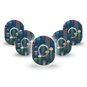 ExpressionMed Just Jellies Dexcom G7 Mini Tape, Dexcom Stelo Glucose Biosensor System, 5-Pack Tape and 5-Pack Sticker, Blue Background Tape with lots of Jellyfish, Patch Continuous Glucose Monitor Design