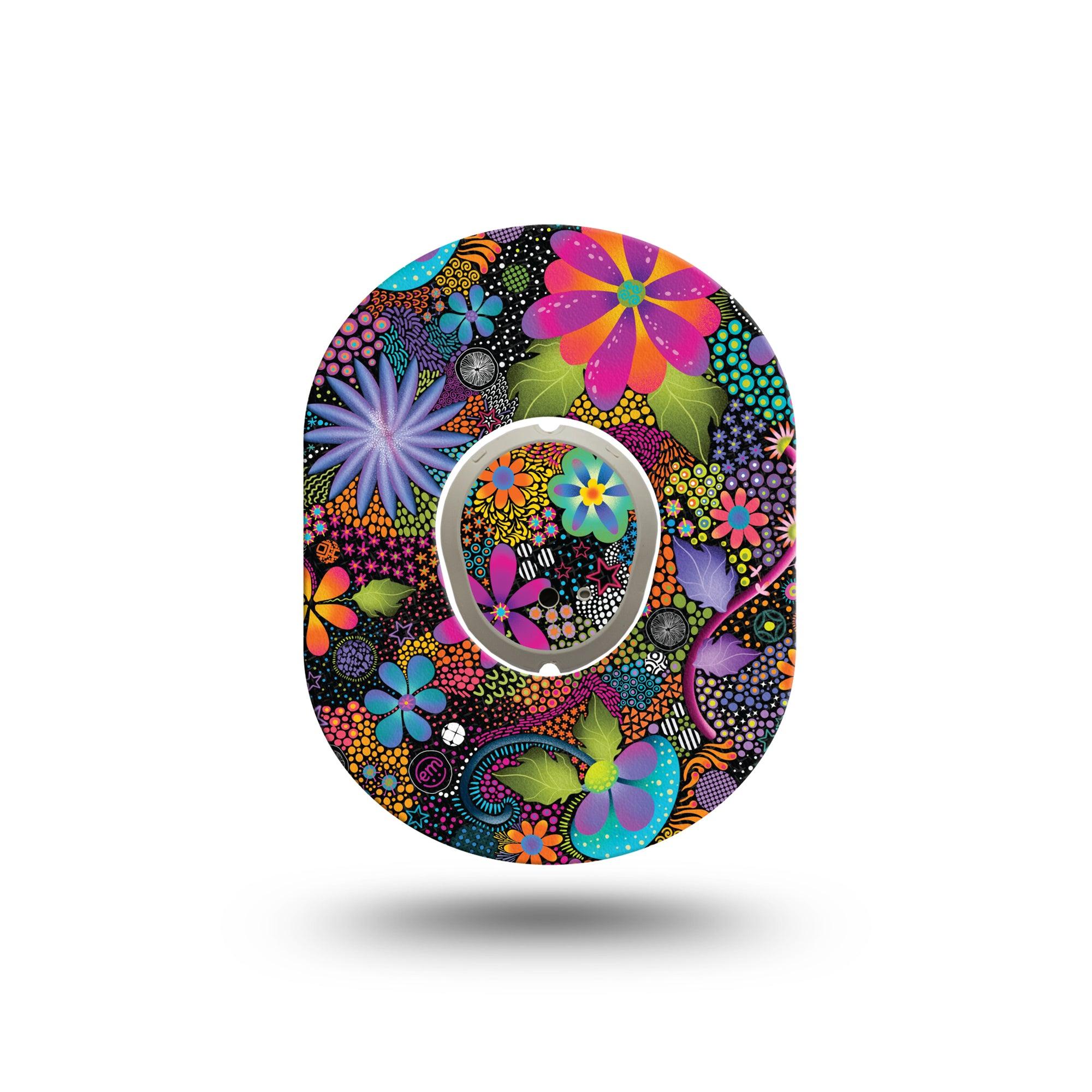 ExpressionMed Psychedelic Flowers Dexcom G7 Mini Tape, Dexcom Stelo Glucose Biosensor System, Single Tape and Single Sticker, Bright Retro Flowers on Black Background, Patch Continuous Glucose Monitor Design