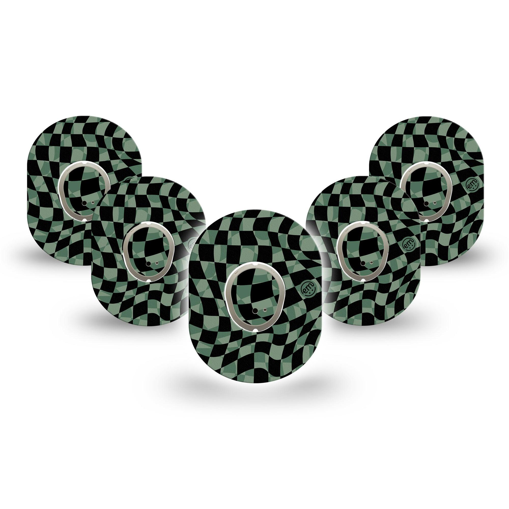 ExpressionMed Green & Black Checkerboard Dexcom G7 Mini Tape, Dexcom Stelo Glucose Biosensor System, 5-Pack Tape and 5-Pack Sticker, Wavy Checkerboard Design, Patch Continuous Glucose Monitor Design
