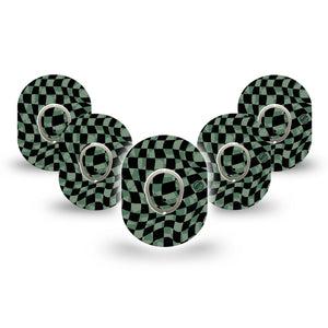 ExpressionMed Green & Black Checkerboard Dexcom G7 Mini Tape, Dexcom Stelo Glucose Biosensor System, 5-Pack Tape and 5-Pack Sticker, Wavy Checkerboard Design, Patch Continuous Glucose Monitor Design