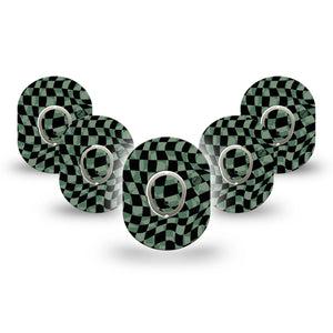 ExpressionMed Green & Black Checkerboard Dexcom G7 Mini Tape, Dexcom Stelo Glucose Biosensor System, 5-Pack Tape and 5-Pack Sticker, Wavy Checkerboard Design, Patch Continuous Glucose Monitor Design
