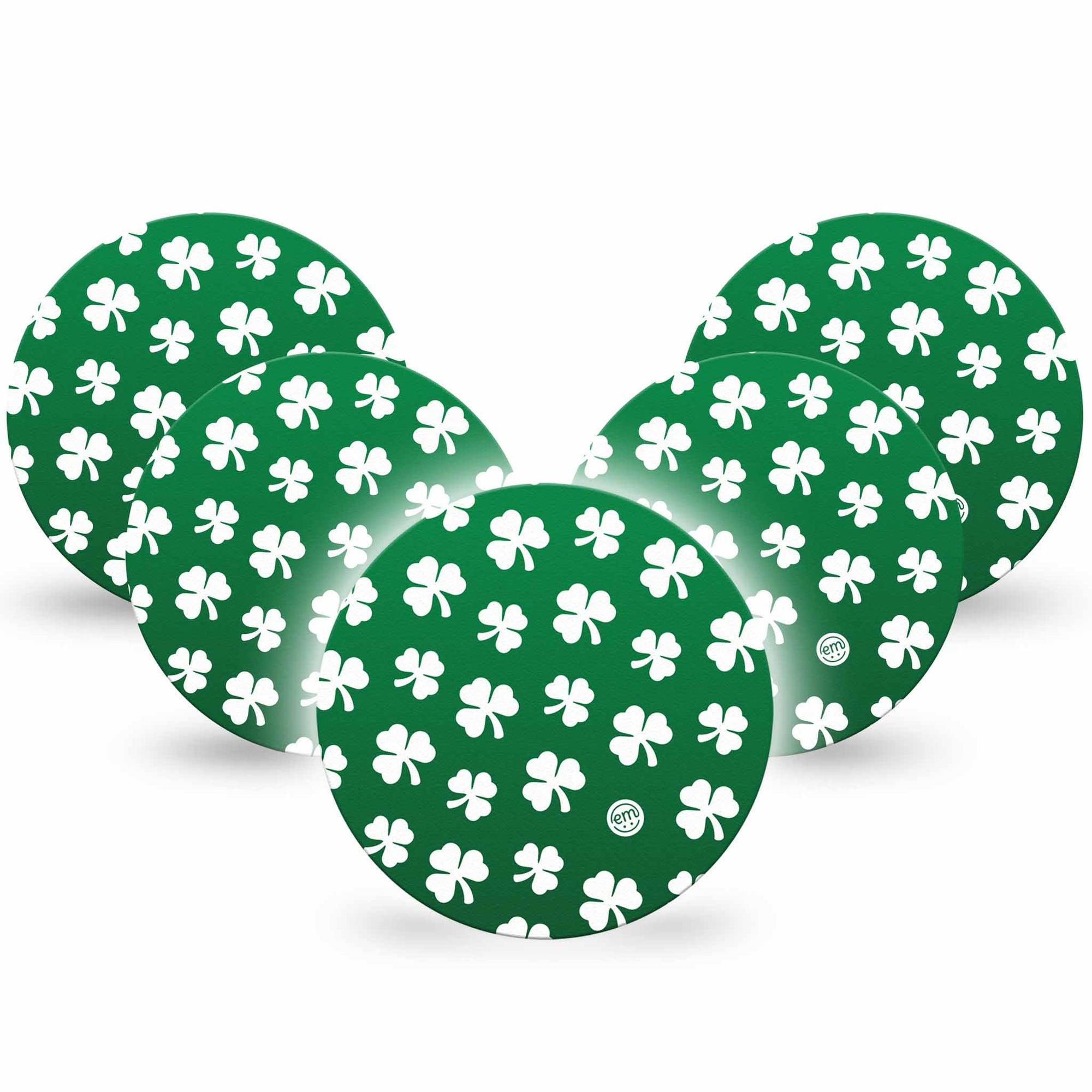 ExpressionMed Shamrock Dexcom G7 Overpatch, Dexcom Stelo Glucose Biosensor System, 5-Pack Tape White Shamrocks over Green Background, Overlay Tape CGM Design