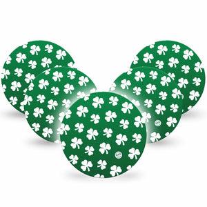 ExpressionMed Shamrock Dexcom G7 Overpatch, Dexcom Stelo Glucose Biosensor System, 5-Pack Tape White Shamrocks over Green Background, Overlay Tape CGM Design