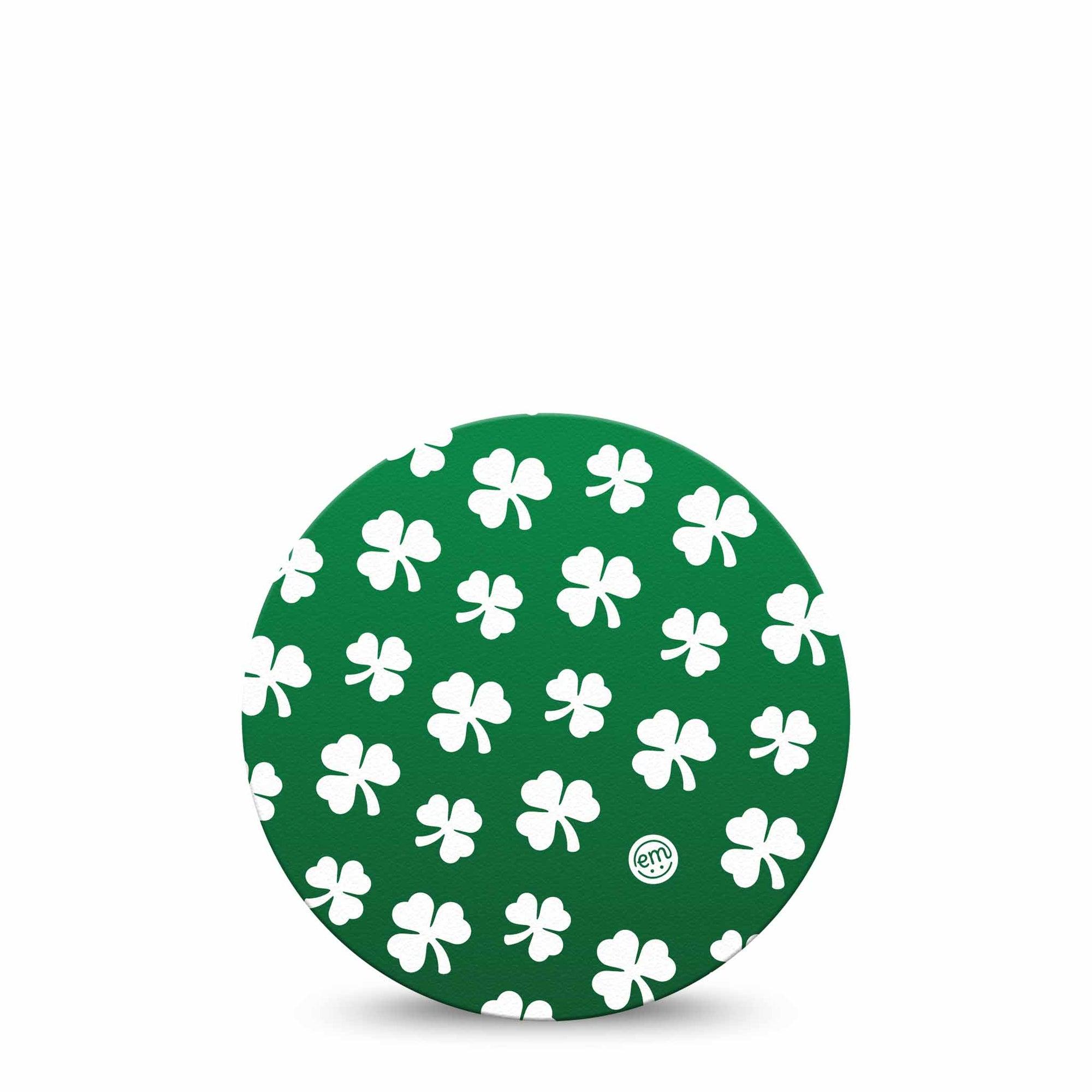 ExpressionMed Shamrock Dexcom G7 Overpatch, Dexcom Stelo Glucose Biosensor System, Single Tape White Shamrocks over Green Background, Overlay Tape CGM Design