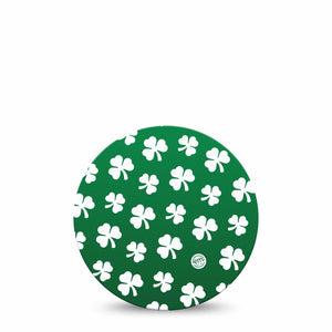 ExpressionMed Shamrock Dexcom G7 Overpatch, Dexcom Stelo Glucose Biosensor System, Single Tape White Shamrocks over Green Background, Overlay Tape CGM Design