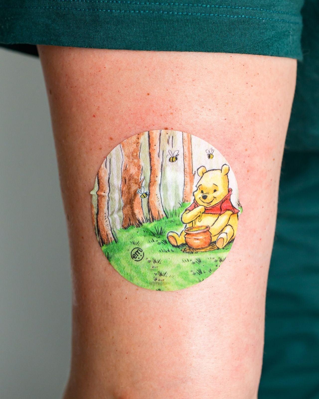 ExpressionMed, Winnie the Pooh Dexcom G7 and Stelo Overpatch, Sticker Only, Human Wearing Winnie the Pooh Themed CGM Adhesive Patch Design