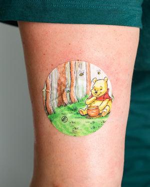 ExpressionMed, Winnie the Pooh Dexcom G7 and Stelo Overpatch, Sticker Only, Human Wearing Winnie the Pooh Themed CGM Adhesive Patch Design