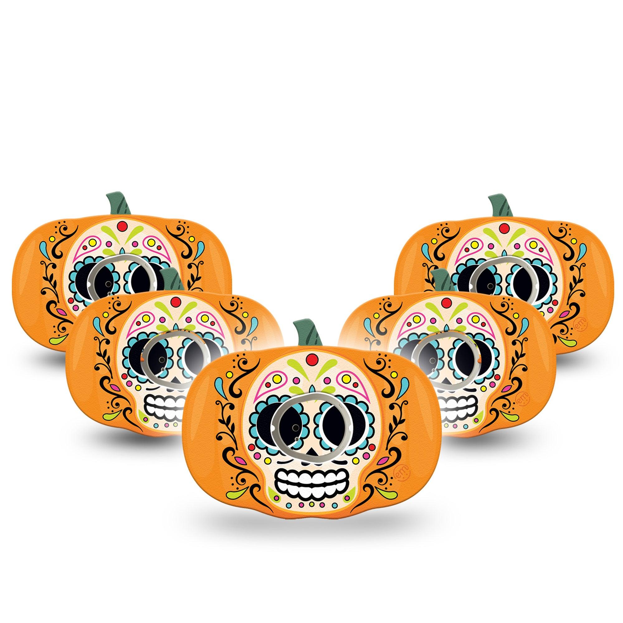 ExpressionMed Sugar Skull Pumpkin Dexcom G7 Pumpkin Shape Tape, Dexcom Stelo Glucose Biosensor System, 5-Pack Tape and 5-Pack Sticker Mexican Folk Art Pumpkin Overlay Patch CGM Design