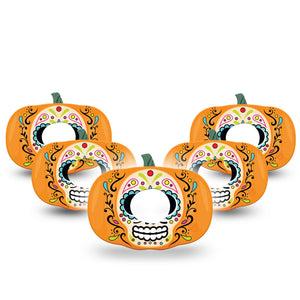 ExpressionMed Sugar Skull Pumpkin Dexcom G7 Pumpkin Shape Tape, Dexcom Stelo Glucose Biosensor System, 5-Pack Colorful Day of the Dead Skull Overlay Patch CGM Design