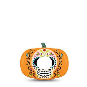 ExpressionMed Sugar Skull Pumpkin Dexcom G7 Pumpkin Shape Tape, Dexcom Stelo Glucose Biosensor System, Single Sugar Skull on Pumpkin Overlay Patch CGM Design