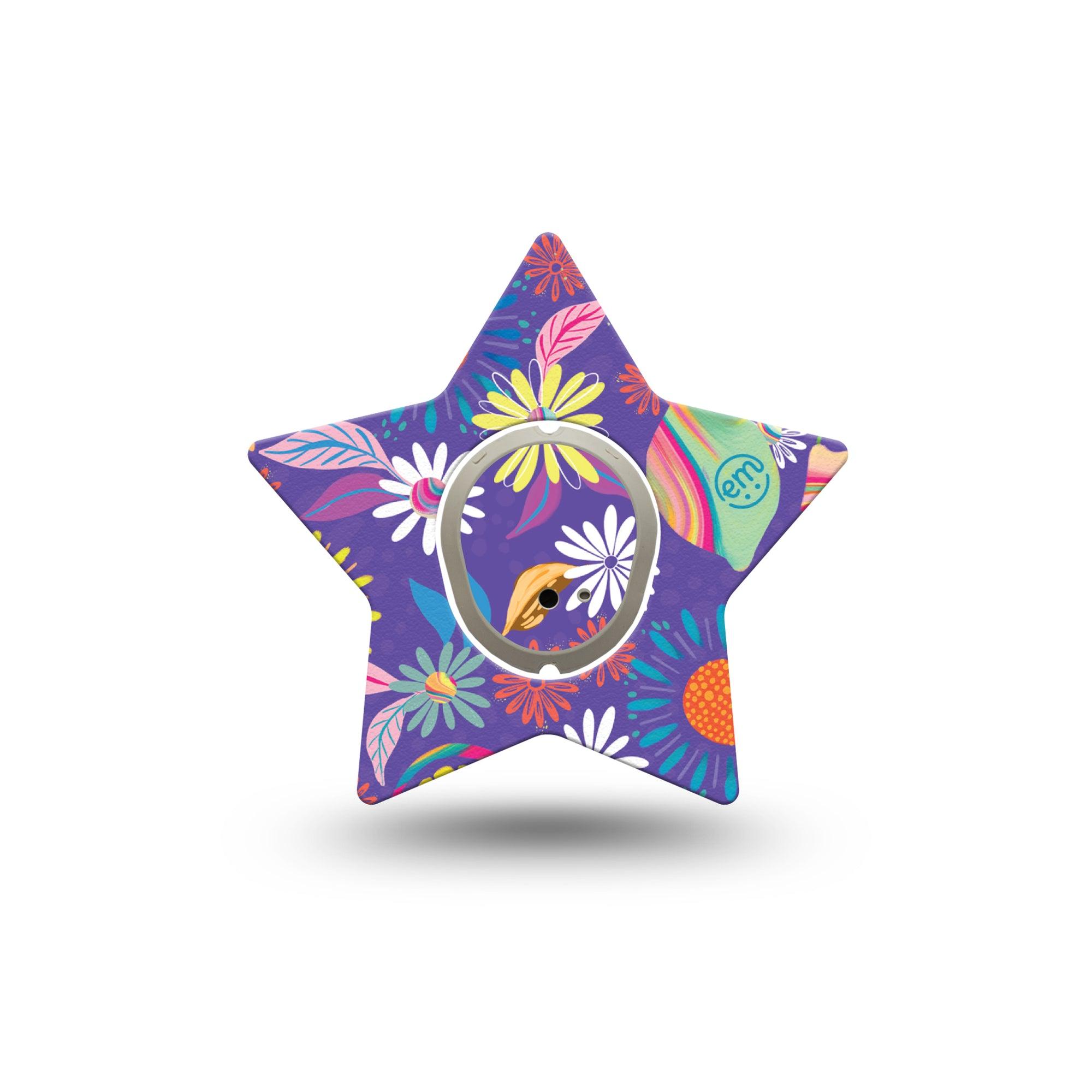 ExpressionMed Purple Flowers Dexcom G7 Star Shape Single Digital Art by Etta Vee Overlay Tape CGM Design, Dexcom Stelo Glucose Biosensor System with center sticker