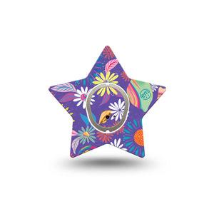 ExpressionMed Purple Flowers Dexcom G7 Star Shape Single Digital Art by Etta Vee Overlay Tape CGM Design, Dexcom Stelo Glucose Biosensor System with center sticker