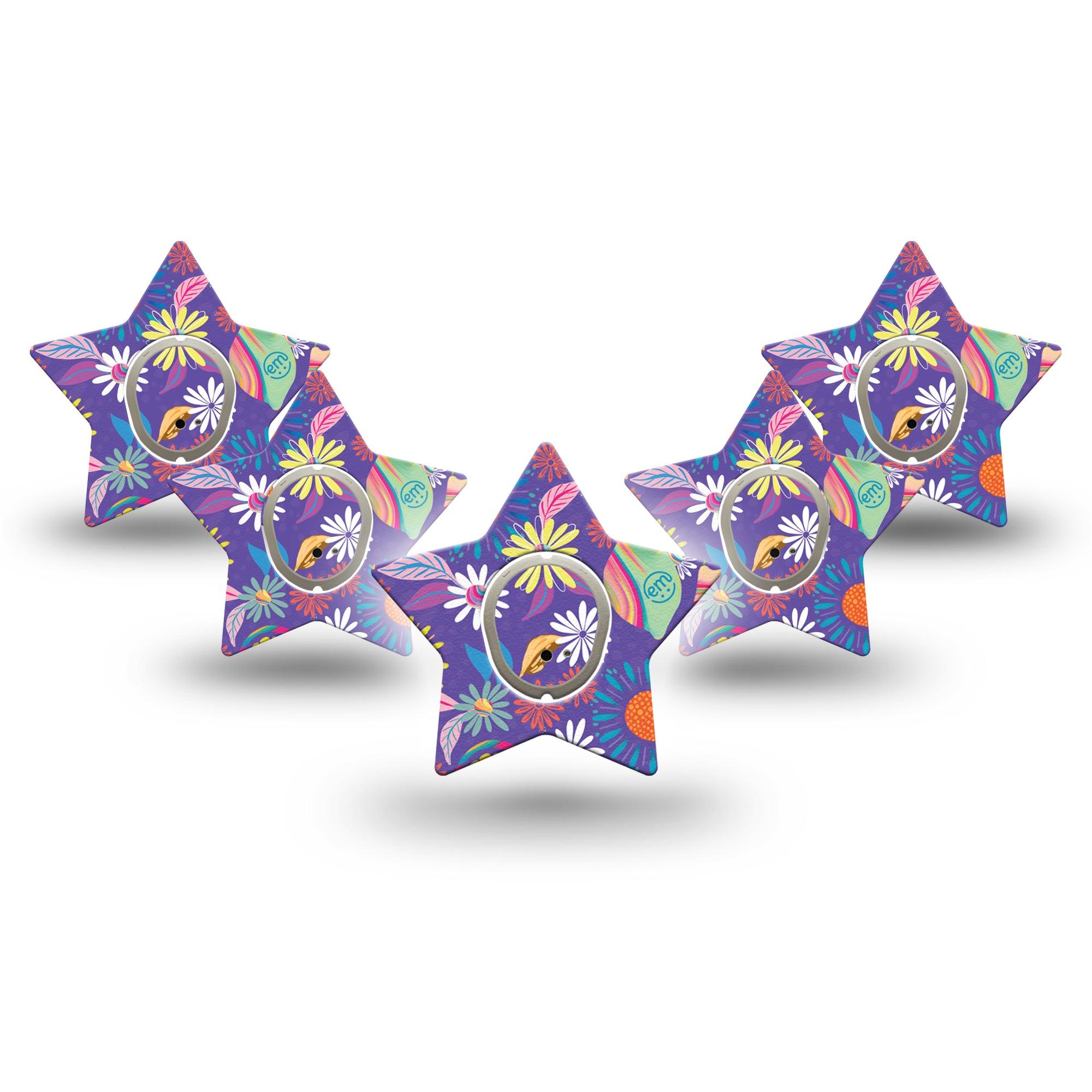 ExpressionMed Purple Flower Dexcom G7 Star Shape 5-Pack Tape and 5-Pack Sticker Exclusive Etta Vee Art Overlay Tape CGM Design, Dexcom Stelo Glucose Biosensor System