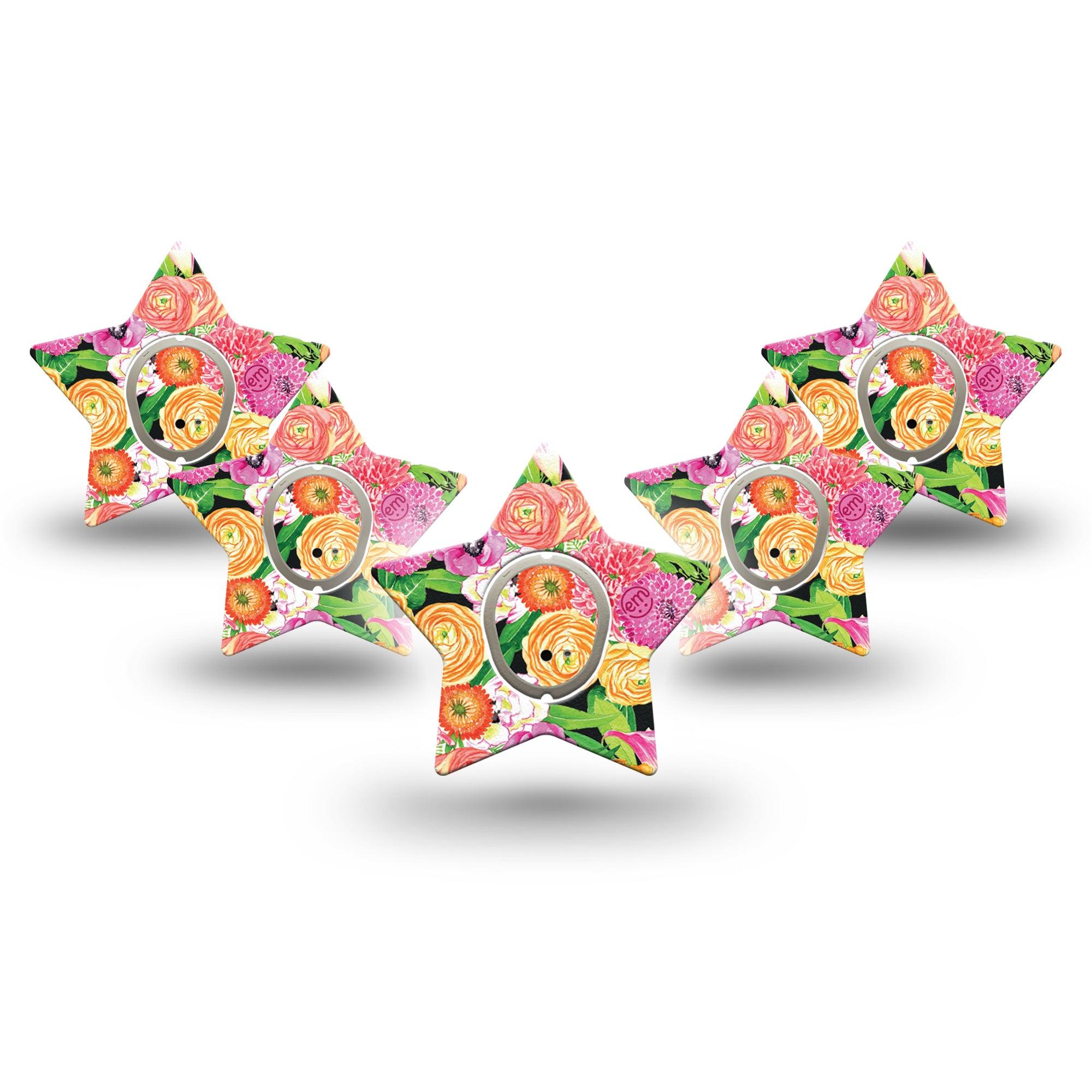 ExpressionMed Hand Painted Flowers Dexcom G7 Star Shape Tape, Dexcom Stelo Glucose Biosensor System  5-Pack Tape and 5-Pack Sticker Vibrant Flowers, Overlay Patch CGM Design