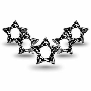 ExpressionMed Fleur de lis Dexcom G7, Dexcom Stelo Glucose Biosensor System, Star Shape Tape 5-Pack Fancy black white flower vine Overlay Tape CGM Design