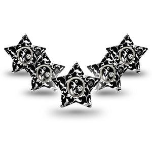 ExpressionMed Fleur de lis Dexcom G7, Dexcom Stelo Glucose Biosensor System, Star Shape Tape 5-Pack Sticker and Tape Fancy black white flower vine Overlay Tape CGM Design