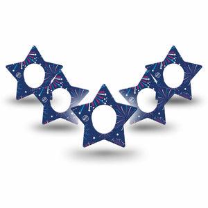 ExpressionMed Night Sky Celebration Dexcom G7 Star Shape Tape, Dexcom Stelo Glucose Biosensor System, 5-Pack Sparkling Fireworks over Blue Backdrop Overlay Tape CGM Design