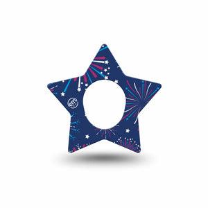 ExpressionMed Night Sky Celebration Dexcom G7, Dexcom Stelo Glucose Biosensor System, Star Shape Tape Single Sparkling Fireworks over Blue Backdrop Overlay Patch CGM Design