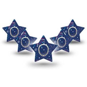 ExpressionMed Night Sky Celebration Dexcom G7 Star Shape Tape, Dexcom Stelo Glucose Biosensor System, 5-Pack Tape and 5-Pack Sticker 4th of July Fireworks Overlay Patch CGM Design