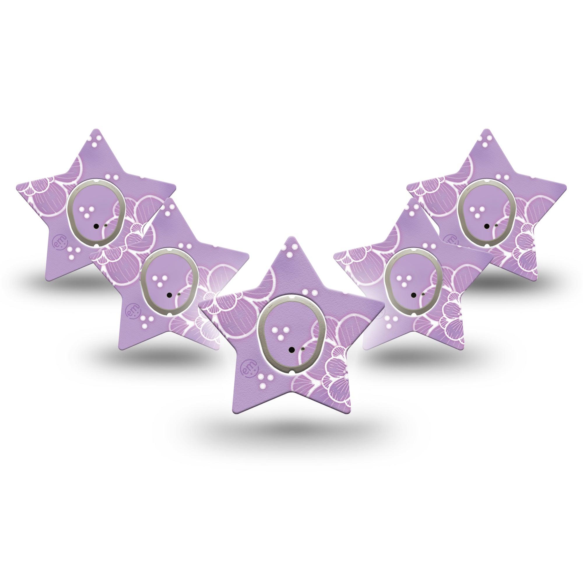 ExpressionMed Purple Flowers Dexcom G7 Star Shape Tape, Dexcom Stelo Glucose Biosensor System,  5-Pack Tape and 5-Pack Sticker Beautiful Dainty Lilac Garden, Overlay Patch CGM Design