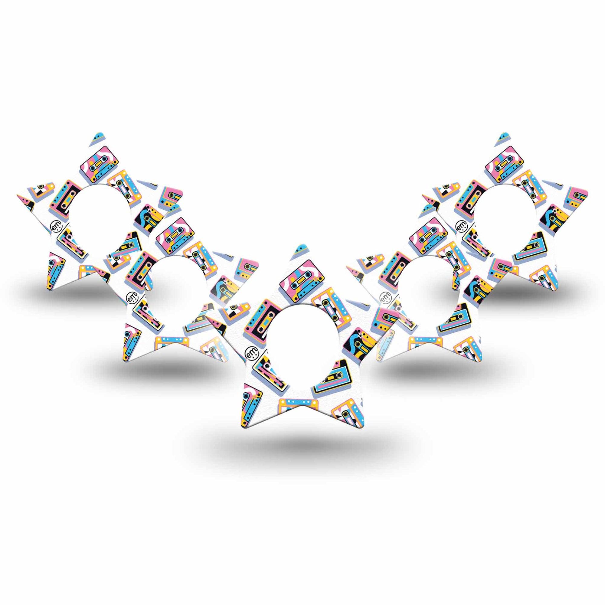 ExpressionMed Vintage Music Tapes Dexcom G7 Star Shape Tape, Dexcom Stelo Glucose Biosensor System, 5-Pack Tape Neon Cassette Tapes, Adhesive Tape CGM Design