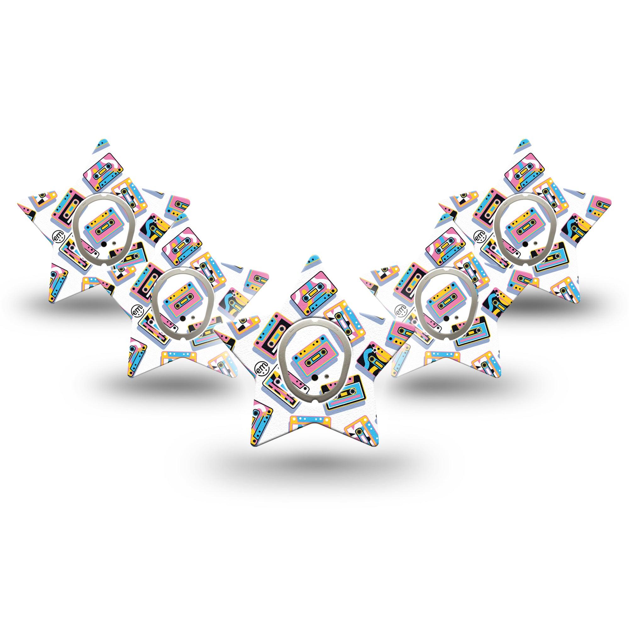 ExpressionMed Vintage Music Tapes Dexcom G7 Star Shape Tape, Dexcom Stelo Glucose Biosensor System, 5-Pack Tape and 5-Pack Sticker Funky Bright Music Tapes, Adhesive Tape CGM Design