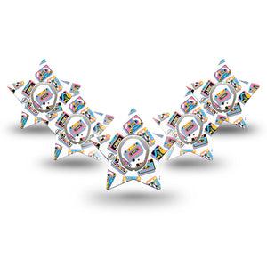 ExpressionMed Vintage Music Tapes Dexcom G7 Star Shape Tape, Dexcom Stelo Glucose Biosensor System, 5-Pack Tape and 5-Pack Sticker Funky Bright Music Tapes, Adhesive Tape CGM Design