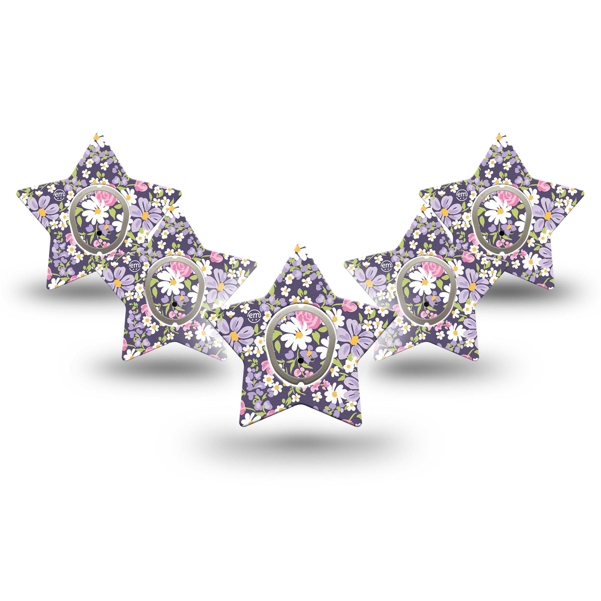 ExpressionMed Purple and Pink Flowers Dexcom G7 Star Shape Tape, Dexcom Stelo Glucose Biosensor System, 5-Pack Tape and 5-Pack Sticker Purple Pink Small Floral Bouquet, Overlay Patch CGM Design