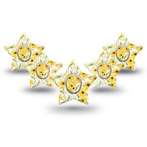 ExpressionMed Yellow Mosaic Floral Dexcom G7 Star Shape Tape, Dexcom Stelo Glucose Biosensor System, 5-Pack Tape and 5-Pack Sticker Mustard Yellow Flower Plants, Adhesive Tape CGM Design