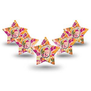 ExpressionMed Retro Brush Stroke Dexcom G7 Star Shape Tape, Dexcom Stelo Glucose Biosensor System, 5-Pack Tape and 5-Pack Sticker Tropical-Inspired Bright Pattern. Overlay Patch CGM Design