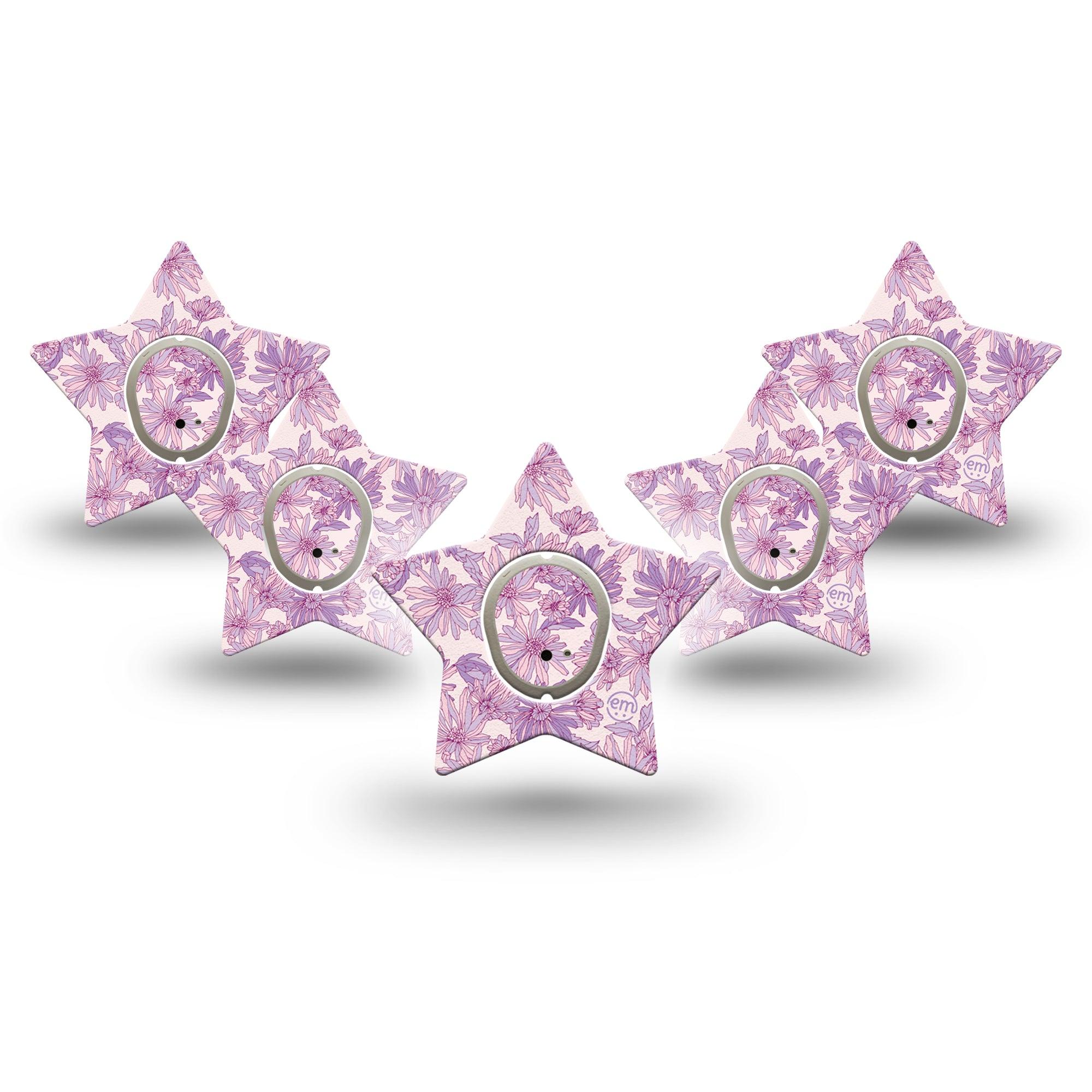 ExpressionMed Purple Daisy Dexcom G7 Star Shape Tape, Dexcom Stelo Glucose Biosensor System, 5-Pack Tape and 5-Pack Sticker Lilac Tranquility Blooms, Overlay Patch CGM Design